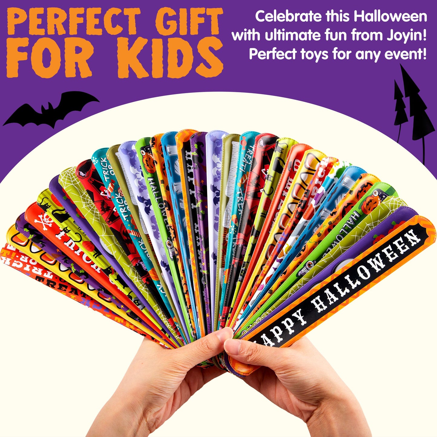 Joyfy 48 Pcs Halloween Slap Bracelets for Kids,Halloween Toys Bulk with Spider,Pumpkins,Animal Print for Prizes Gift Trick or Treat Party Favors,Halloween Crafts for Kids,Classroom Favors