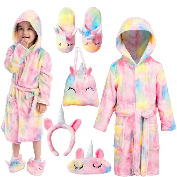 Joyfy 5 Pcs Unicorn Girls Robe Set,Soft Kids Pajamas Hooded Robe with Matching Slippers Headband Cosmestic Bag and Blindfold for Girls 5 6 7 8 9 10 Years