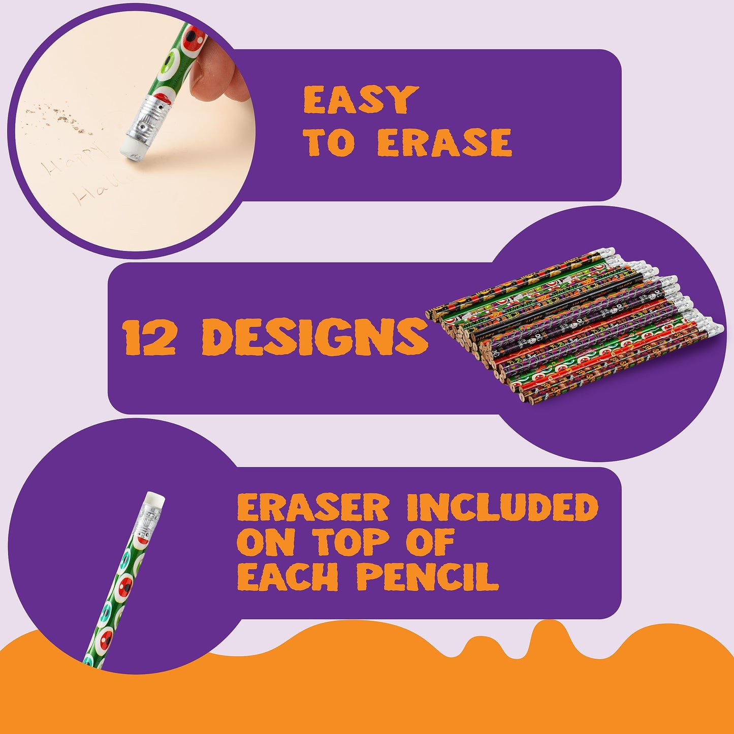 SYNCFUN 144 Pcs Halloween Pencils Bulk with Eraser for Kids,Colorful Pencils Stationery Pencil Set,Halloween Favors Prizes for Kids,Halloween Bulk Toys
