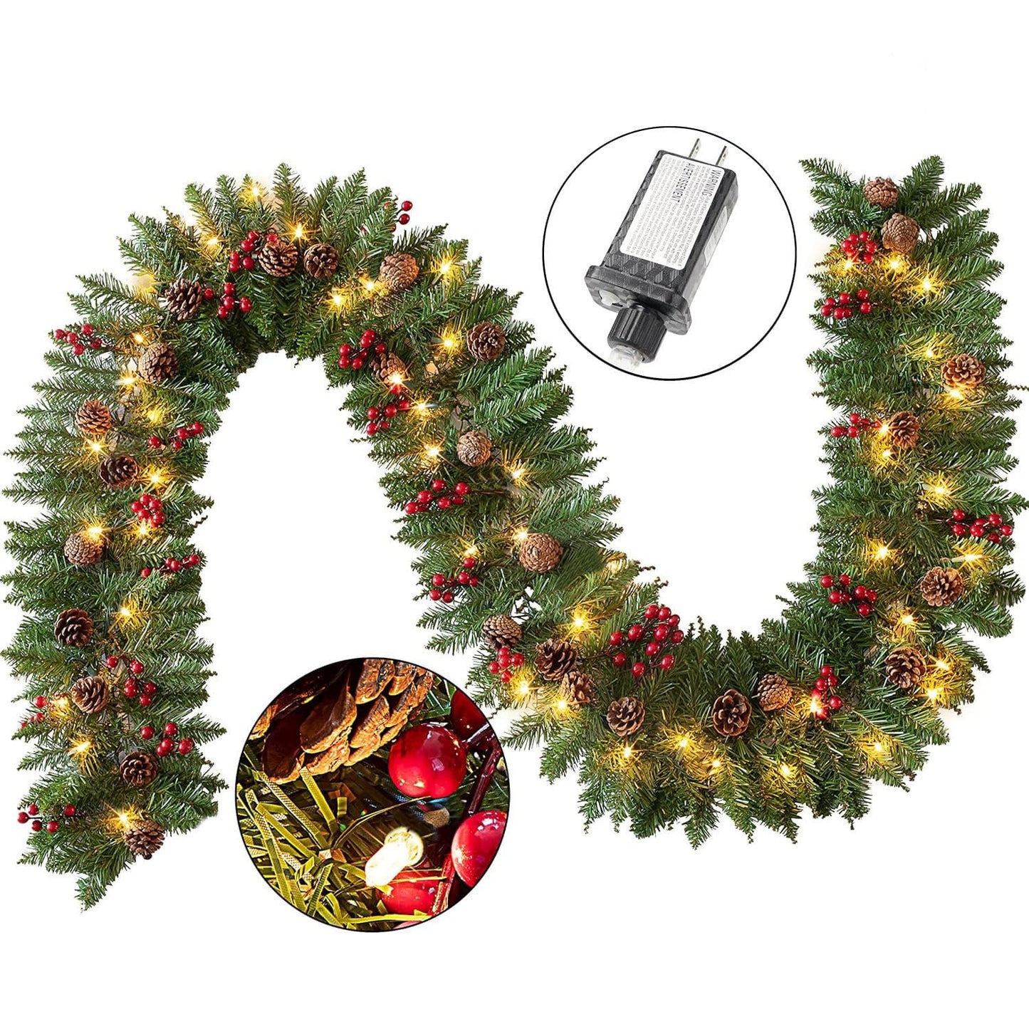 Joyfy 9FT Christmas Garland Prelit with 50 Count Warm White String Lights, Pine Cones, Holly Berries for Home Dining Table Mantel Porch Winter Christmas Decor, Plug in Lighted Pine Garland
