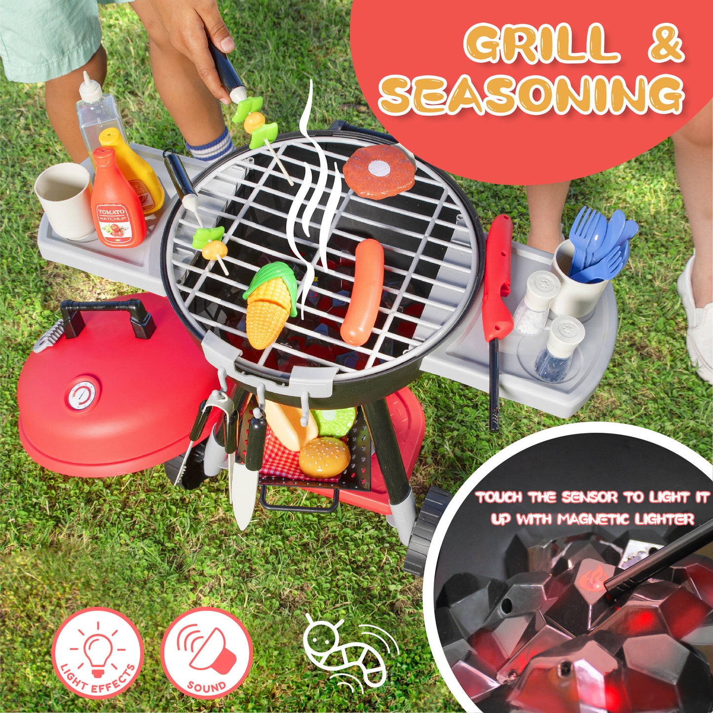 SYNCFUN 34 Pcs Kids Kitchen Playset, Toy BBQ Grill Set, Play Food Cooking Toy Set for Toddlers 1-3-5