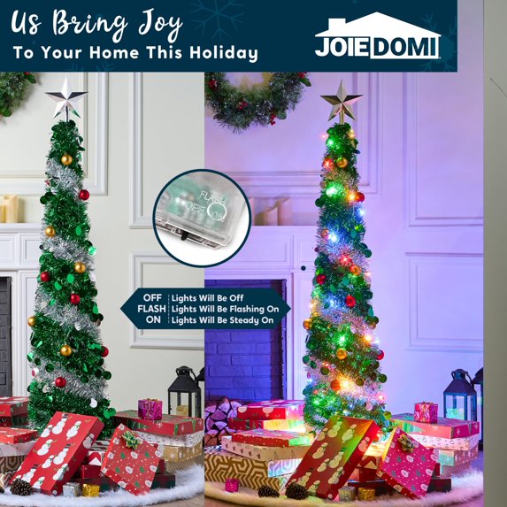 Joyfy 5ft Prelit Tinsel Collapsible Christmas Tree with 50 Multicolor LED lights (Green Silver)