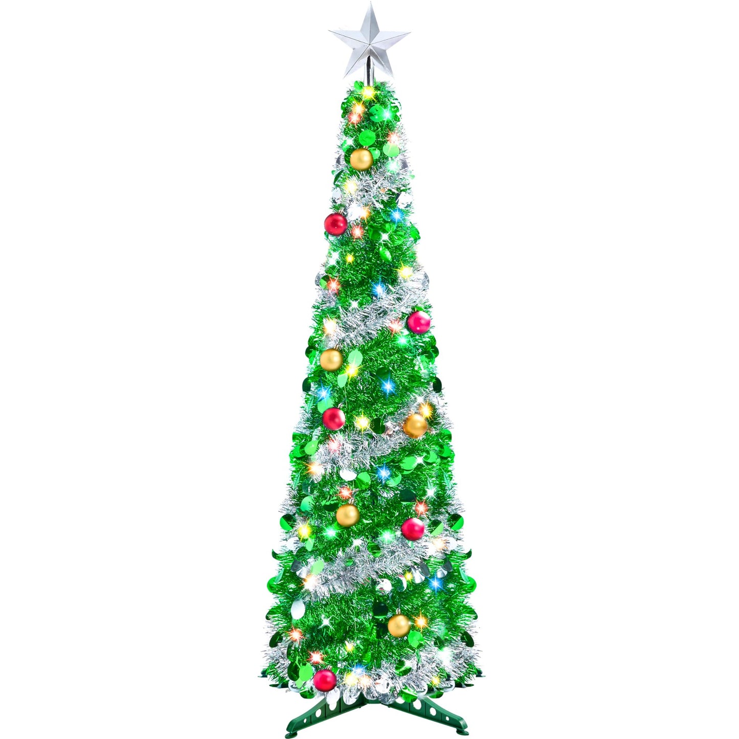 Joyfy 5ft Prelit Tinsel Collapsible Christmas Tree with 50 Multicolor LED lights (Green Silver)