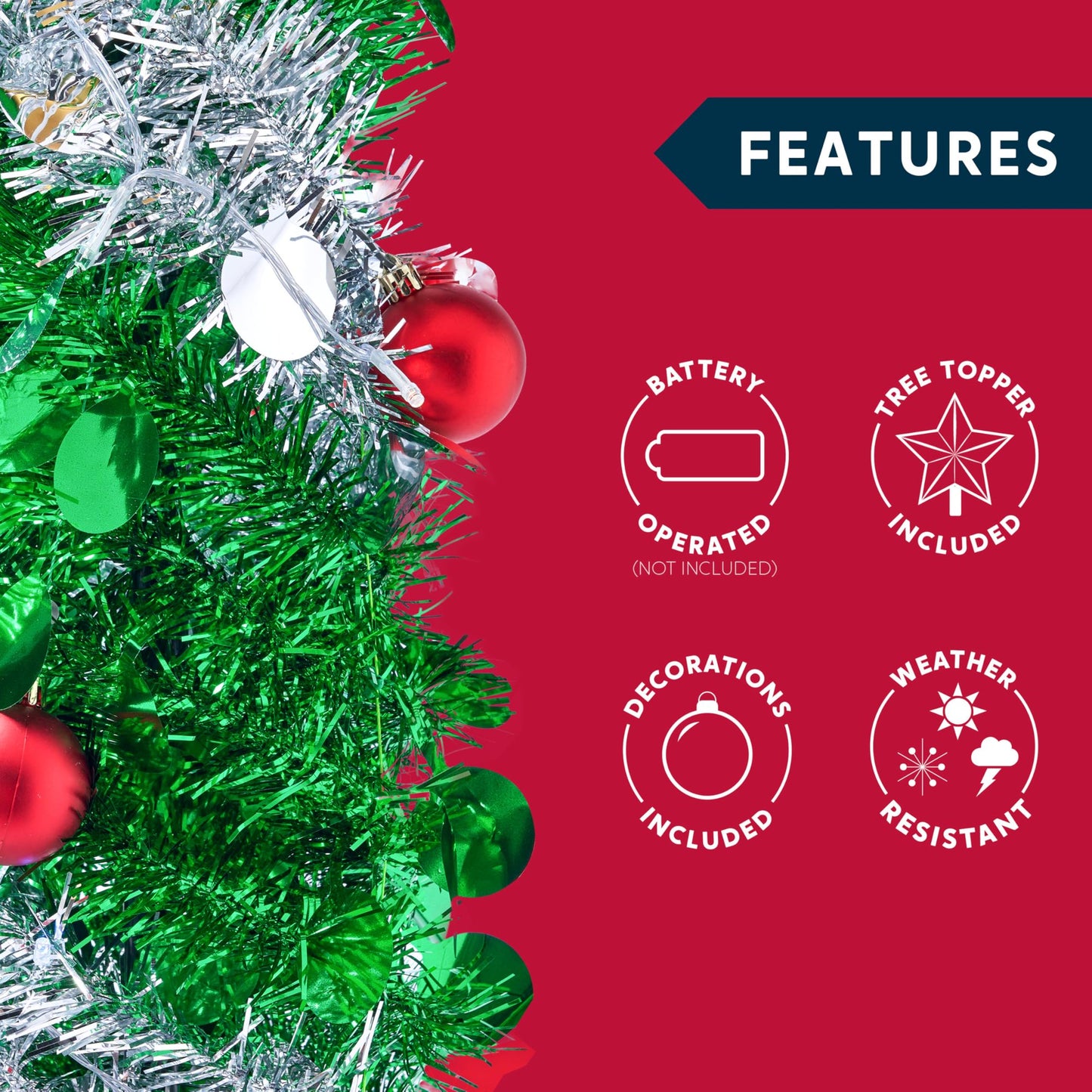 Joyfy 5ft Prelit Tinsel Collapsible Christmas Tree with 50 Multicolor LED lights (Green Silver)