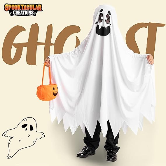 SYNCFUN White Ghost Costumes for Kids, Smile Ghost Costume with Pumpkin Basket for Halloween Spooky Trick-or-Treating Role Playing Cosplay 3-7 Years