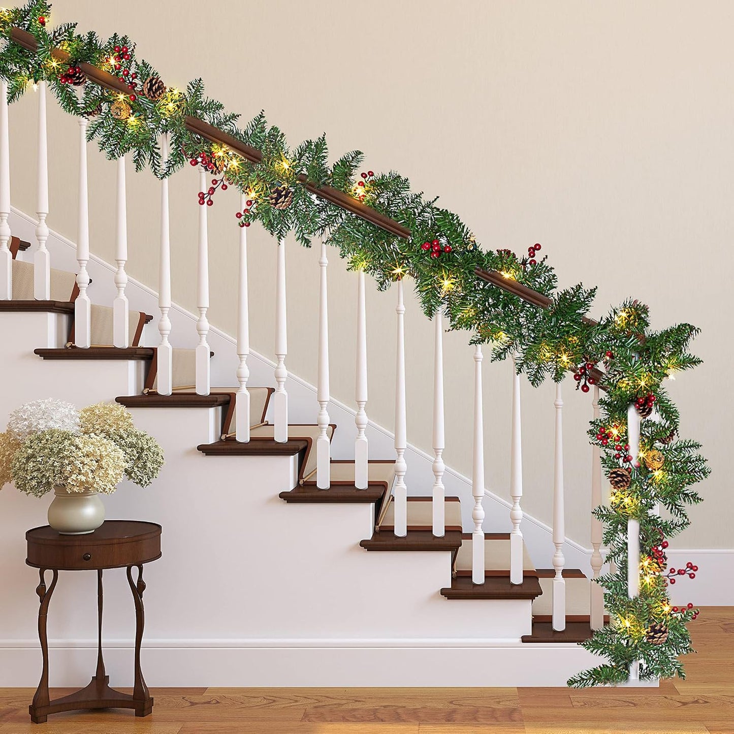 Joyfy 9FT Christmas Garland Prelit with 50 Count Warm White String Lights, Pine Cones, Holly Berries for Home Dining Table Mantel Porch Winter Christmas Decor, Plug in Lighted Pine Garland