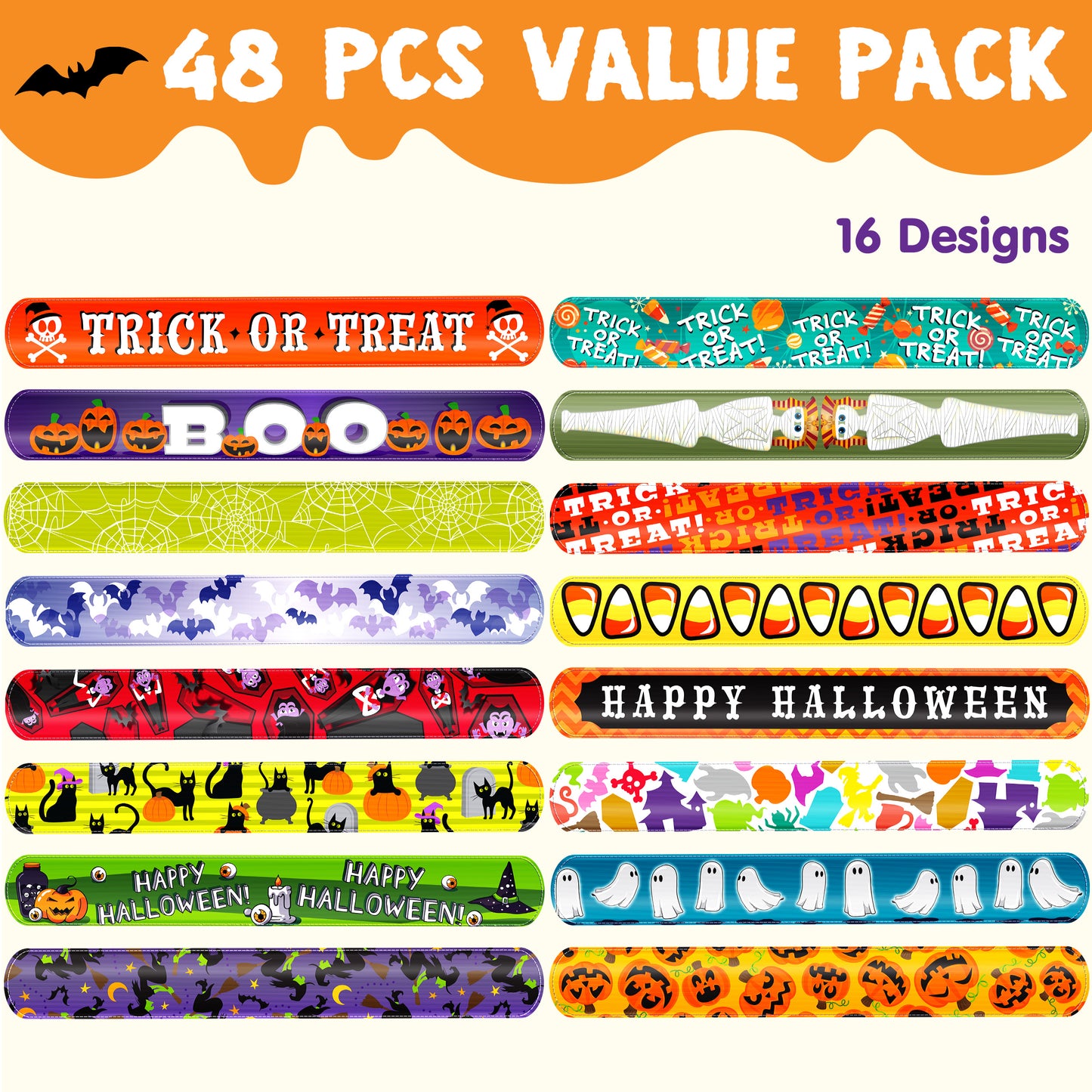 Joyfy 48 Pcs Halloween Slap Bracelets for Kids,Halloween Toys Bulk with Spider,Pumpkins,Animal Print for Prizes Gift Trick or Treat Party Favors,Halloween Crafts for Kids,Classroom Favors