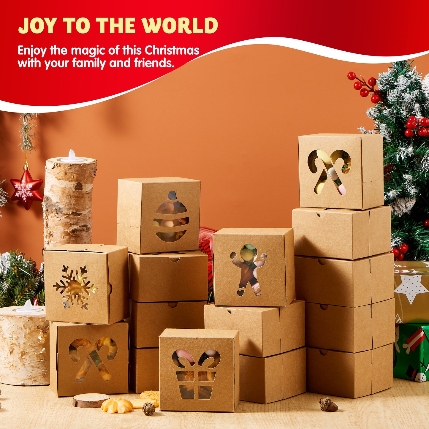 Joyfy 36 Pcs Christmas Cookie Boxes, Brown Kraft Treat Boxes with Window 4" x 4" x 2.5" Bakery Gift Warpping Box for Xmas Holiday Party Favor Pastries, Cupcakes, Cookies Donuts Gift-Giving