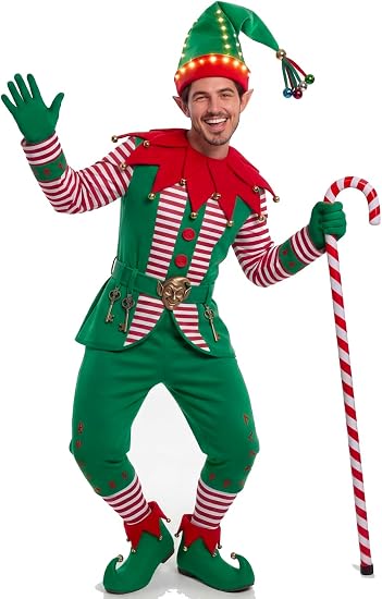 Joyfy Giggling Getup Christmas Elf Costume Set Men with Accessories for Party