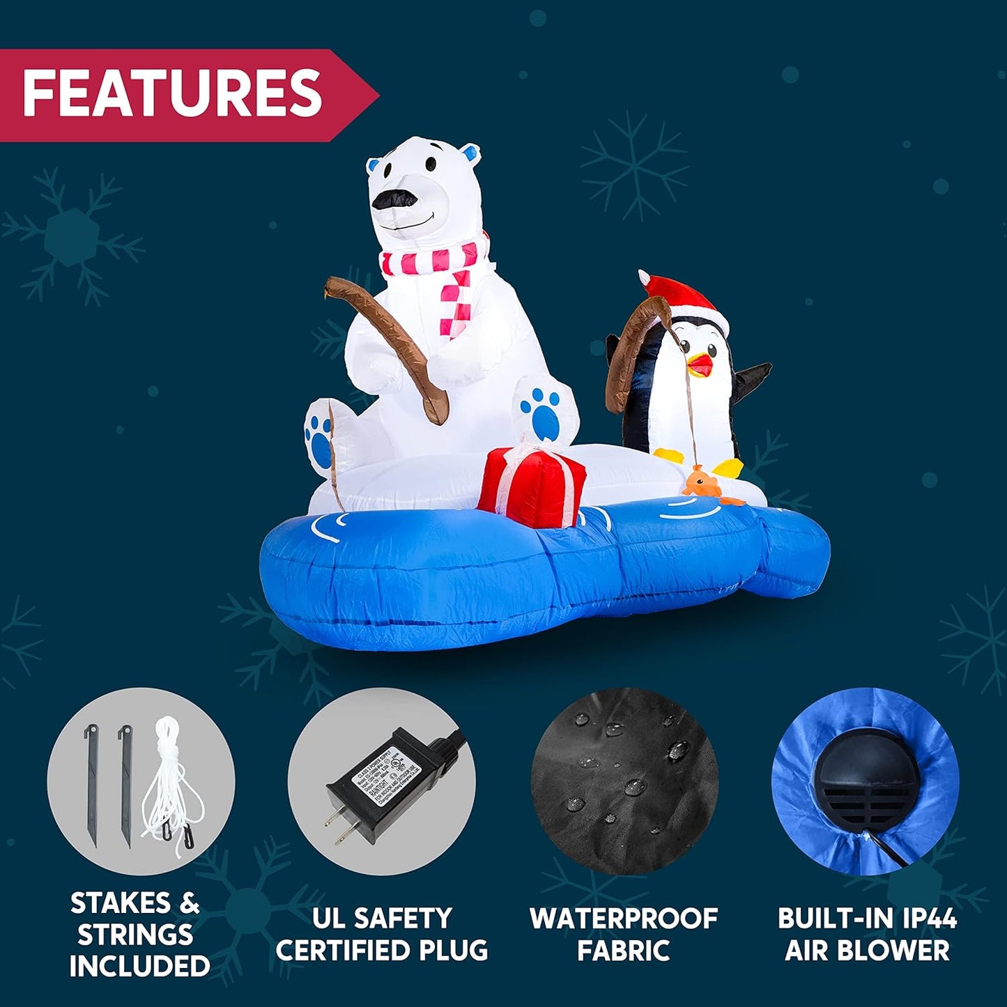 Joyfy 6 FT Christmas Inflatables Polar Bear Fishing with Penguin Outdoor Decorations,Christmas Blow Ups Yard with Built-in LEDs for Holiday Party Garden Lawn Decor