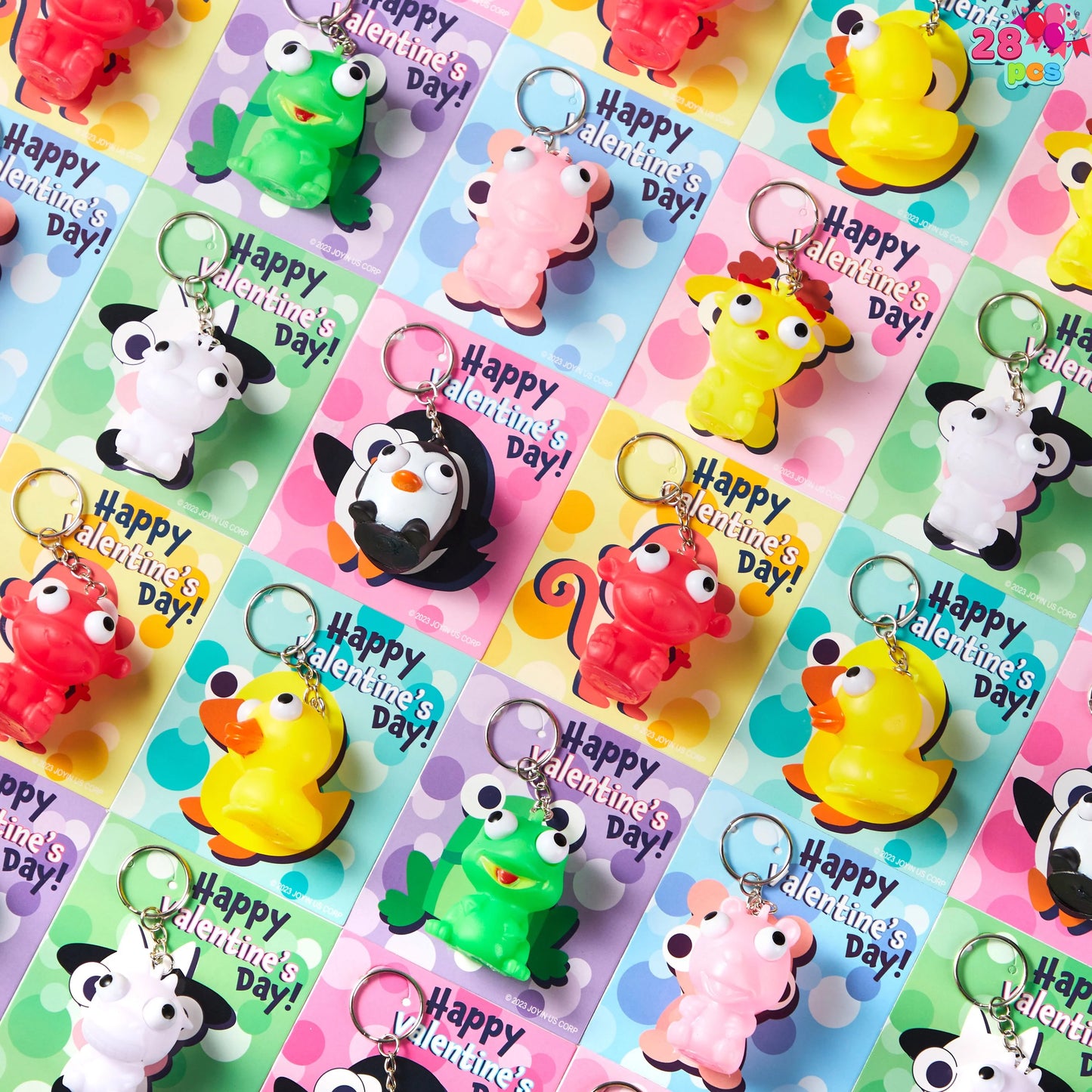 28 Packs Valentine's Day Gift Card with Unzip Popping Eyes Animal Keychains for Kids Party Favor, Classroom Exchange Prizes, Valentine’s Greeting Cards