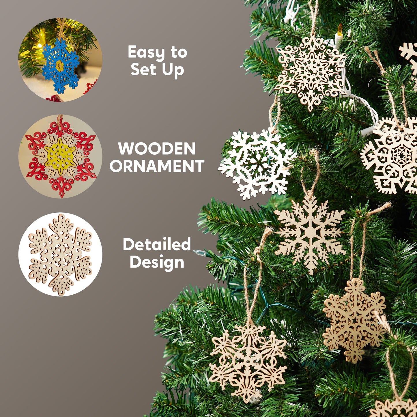 60 Pcs Wooden Snowflake Ornaments for Christmas Tree Decoration and Holiday Party Favors
