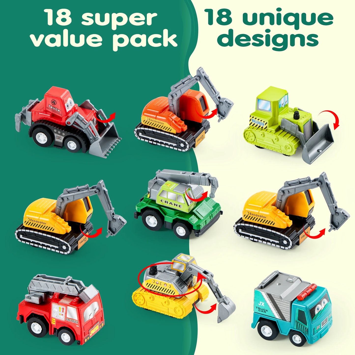Syncfun 18 Pcs Toy Cars for kids, Friction Pull Back Play Car Vehicle Party Favors, Mini Excavator Toy Trucks for Boys 2 3 4 5 6 Years Old