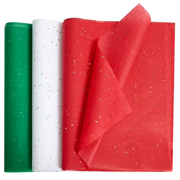 Joyfy 72 Sheets Christmas Glitter Gift Bag Paper (Red, Green, White) 20" x 20" Gift Wrapping Paper for DIY Craft Decorations