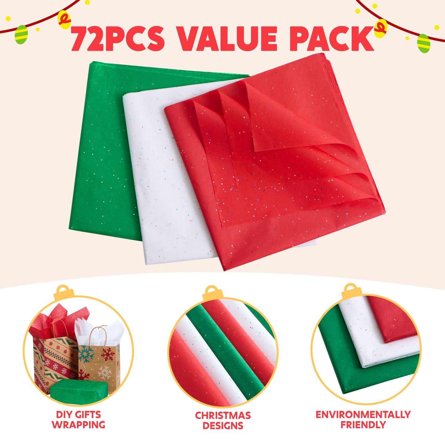 Joyfy 72 Sheets Christmas Glitter Gift Bag Paper (Red, Green, White) 20" x 20" Gift Wrapping Paper for DIY Craft Decorations