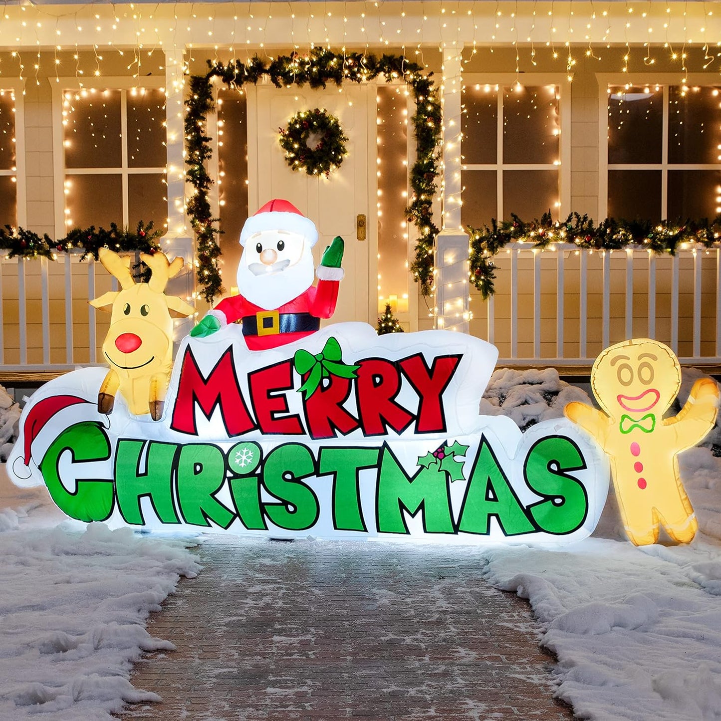 Joyfy 9.5 FT Christmas Inflatables Merry Christmas Sign with Santa Outdoor Decorations,Christmas Blow Ups Yard with Built-in LEDs for Holiday Party Garden Lawn Decor