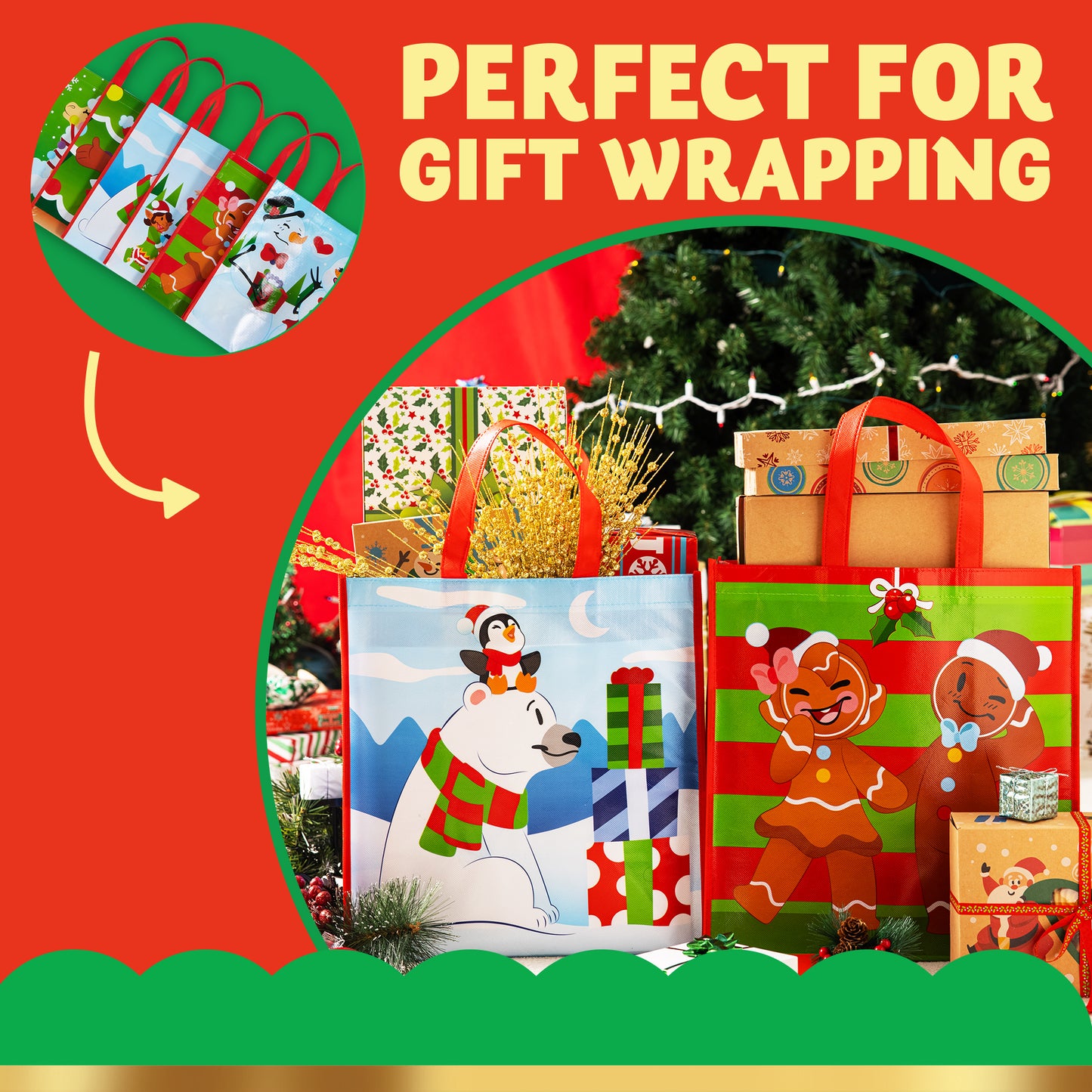 Joyfy 12 Pcs Christmas Tote Bags, Holiday Reusable Grocery Bags for Classroom Party Favor Supplies, Christmas Shopping Bags, Xmas Party Supplies Bags