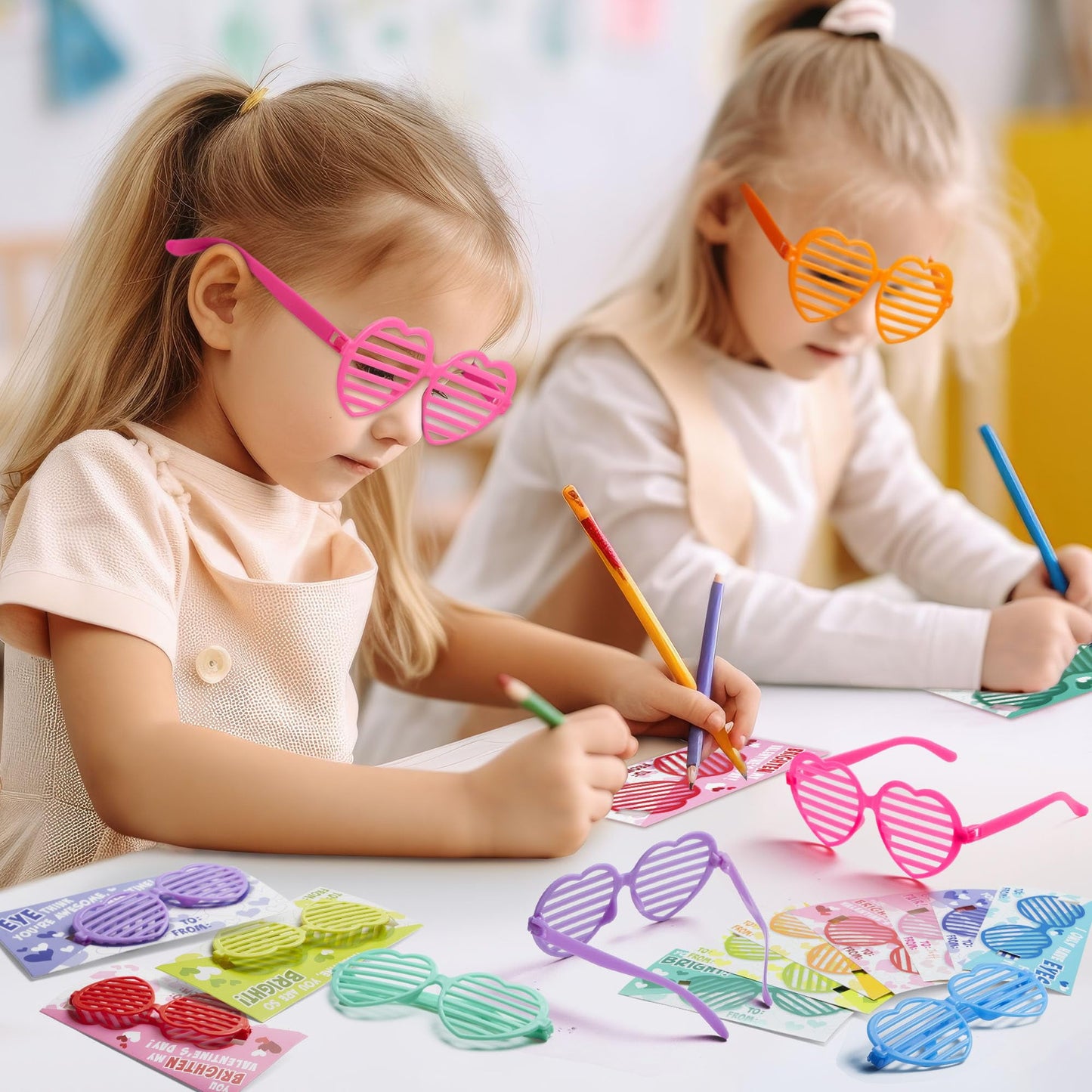 28 Packs Valentines Day Cards with Heart Shaped Glasses for Kids, Valentines School Classroom Exchange Cards Gifts, Valentines Party Favors