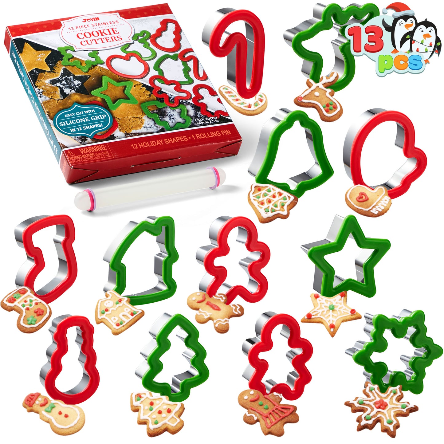 Joyfy 13 Pcs 3.5" Christmas Cookie Cutters with Rolling Pin for Christmas Party Cookies Baking