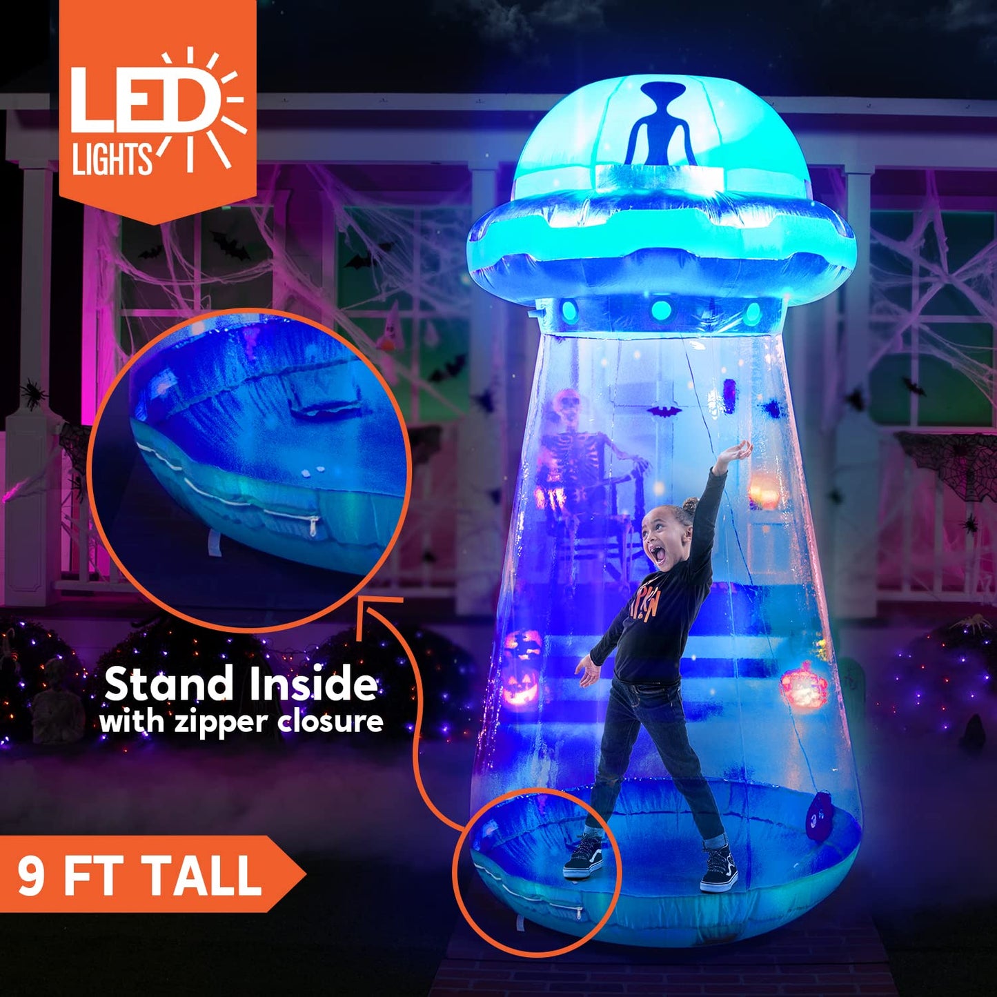 Joyfy 9 ft Halloween Inflatable UFO Alien Decoration with Built-in LEDs,UFO Halloween Decorations Outdoor Blow Up Yard Lawn Decoration