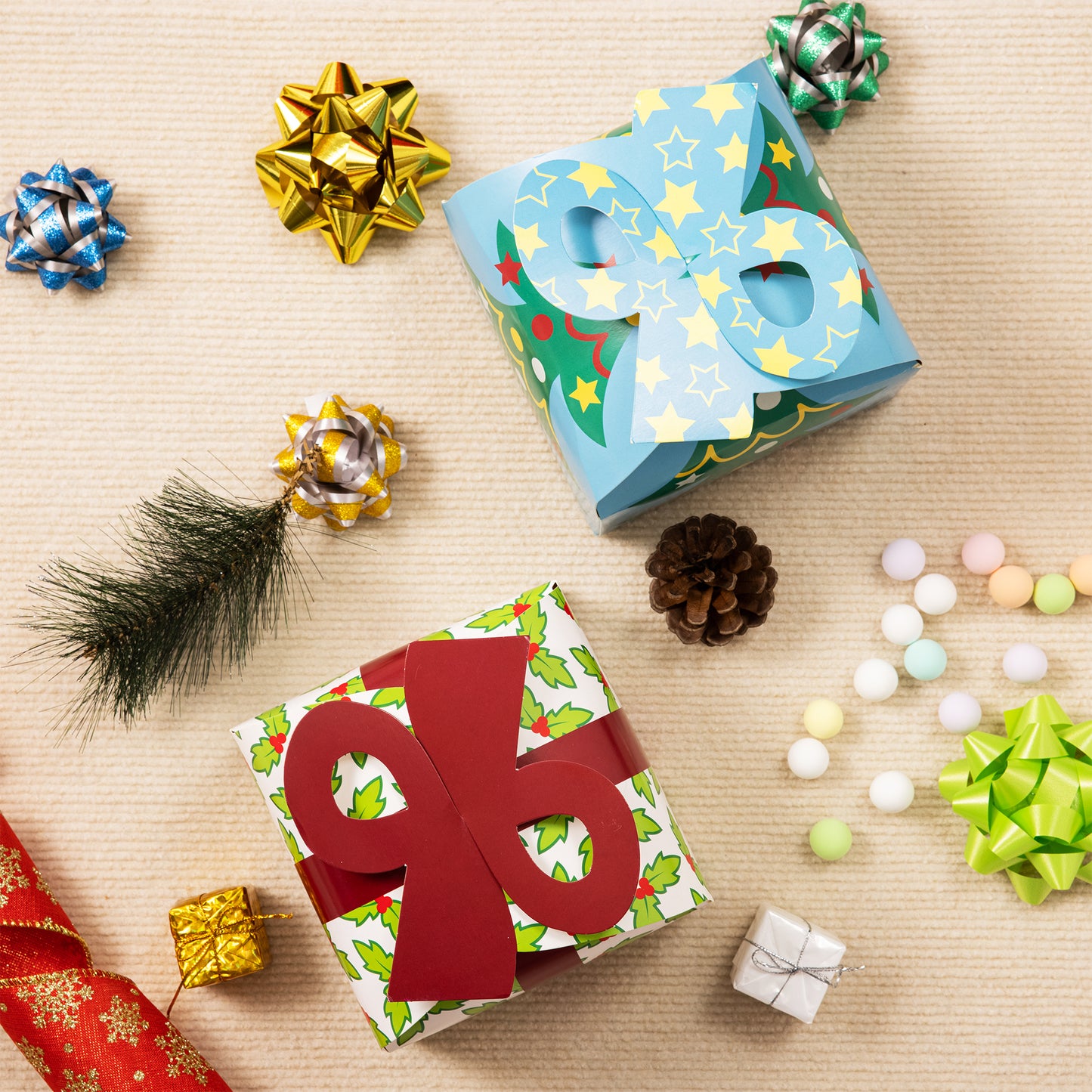 Joyfy 24 Pcs 3D Christmas Goody Gift Boxes with Bow for Holiday Xmas Goodie Paper Boxes, School Classroom Party Favor Supplies, Candy Treat Cardboard Cookie Boxes