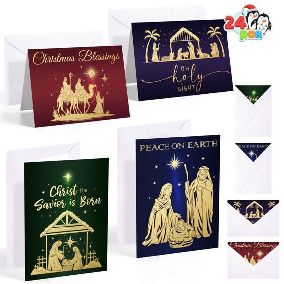Joyfy 24 Religious Christmas Greeting Cards with Envelopes 4 Designs Boxed Cards Set for Winter Christmas Holidays