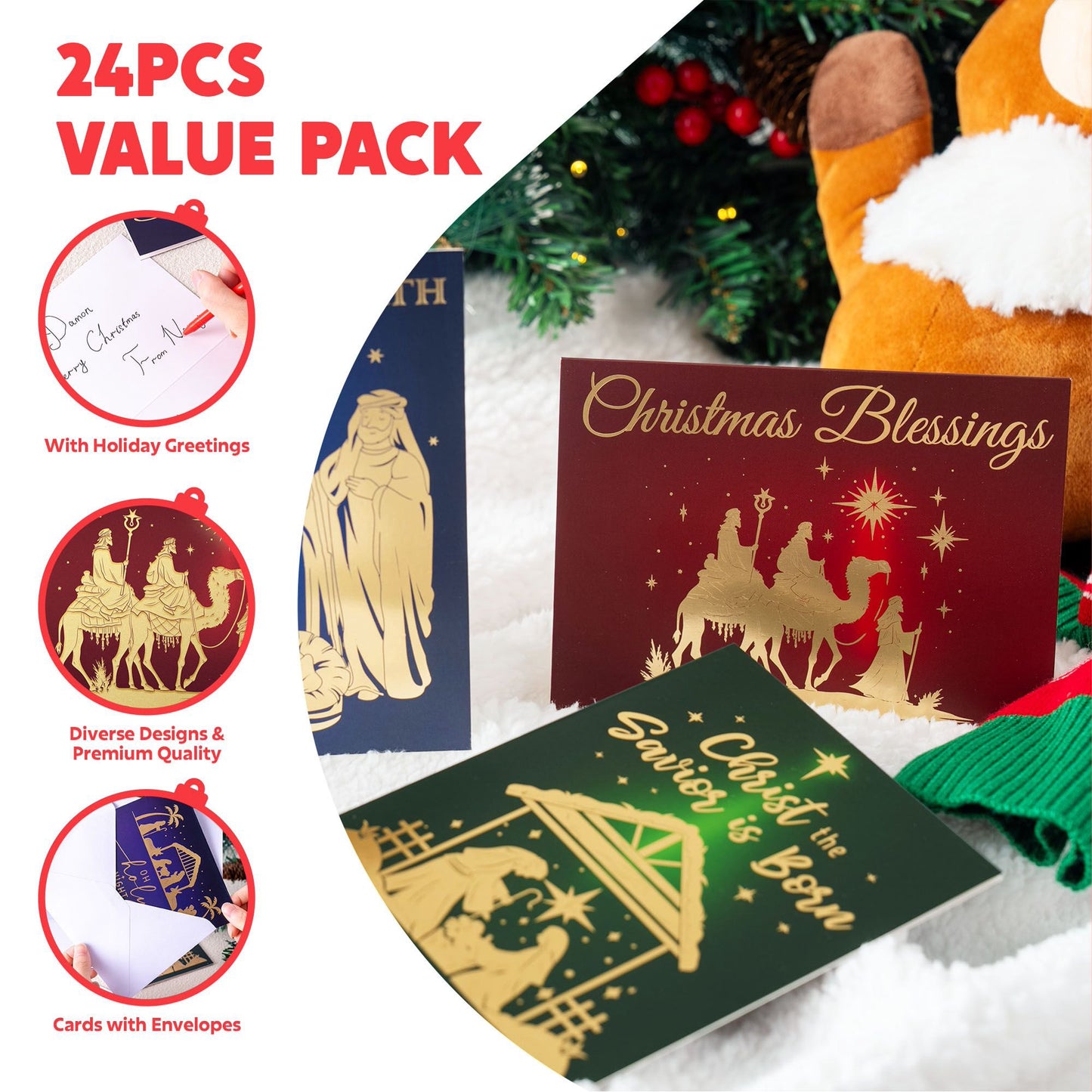 Joyfy 24 Religious Christmas Greeting Cards with Envelopes 4 Designs Boxed Cards Set for Winter Christmas Holidays