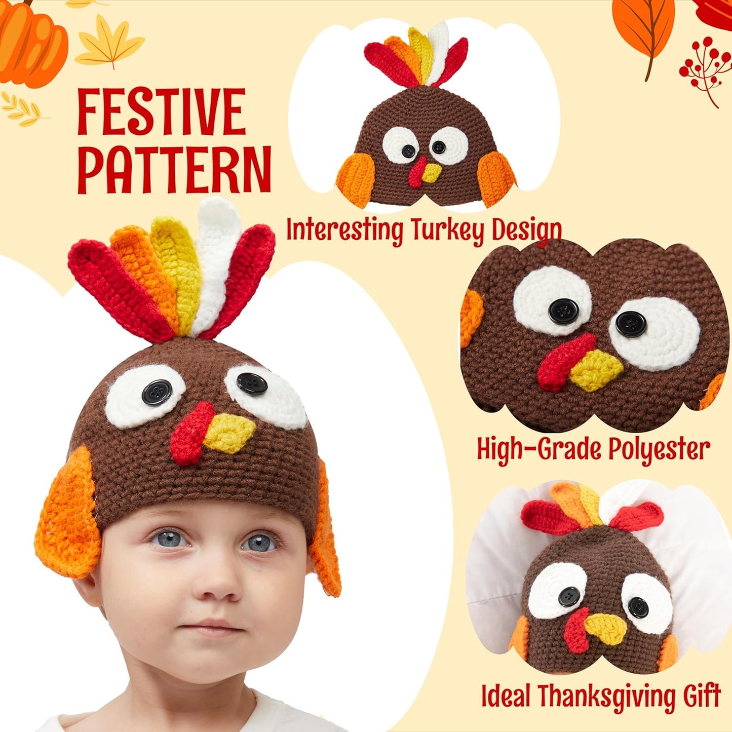 Joyfy Turkey Beanie Hat with Ear Flaps, Photograph Prop Carnival Cosplay for Baby, Halloween Costume Dress Up Hats,Thanksgiving Party Favor Supplies, Thanksgiving Costume Hats