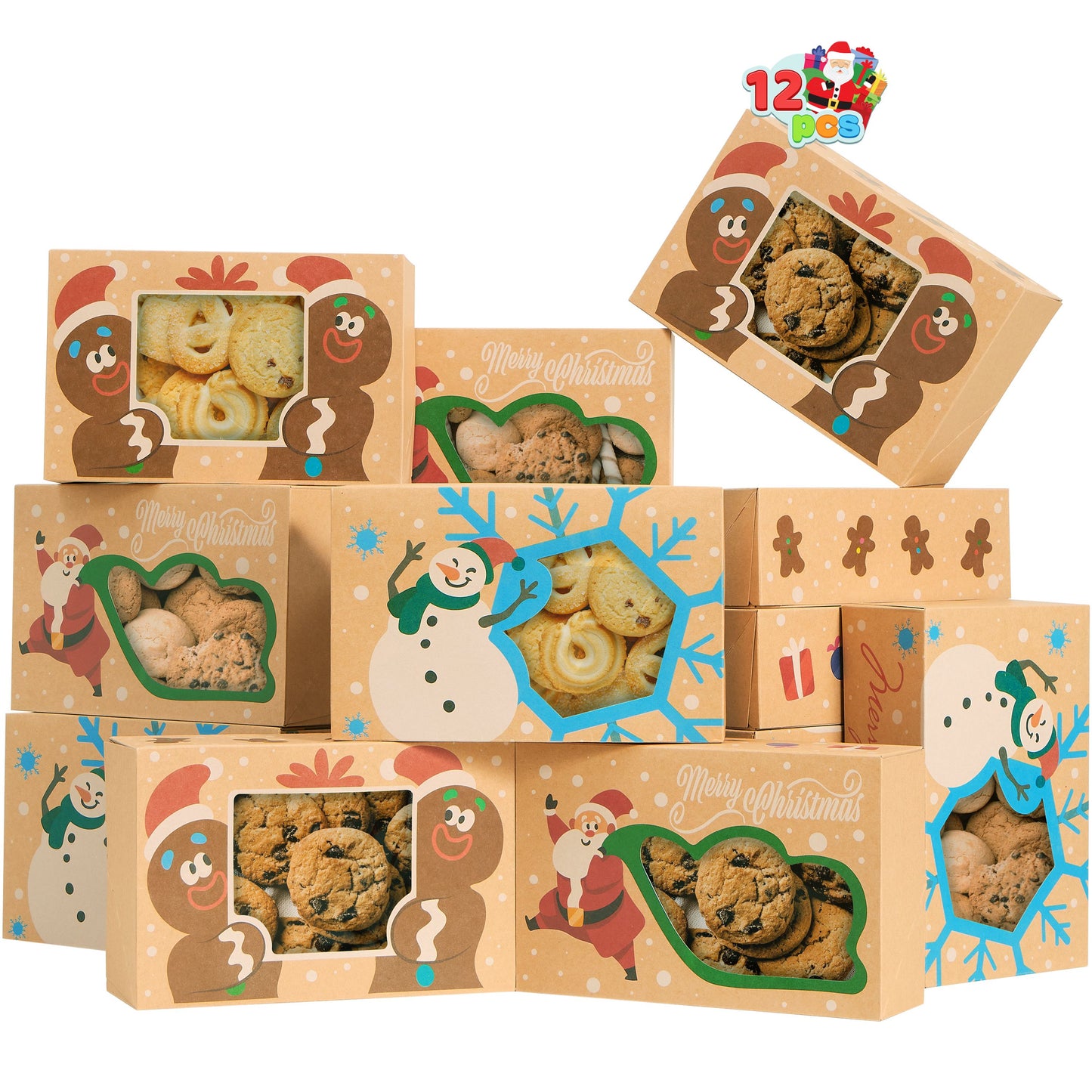 SYNCFUN 12 Pcs Christmas Cookie Boxes Bakery Treat Gift Box with Window 8.75" x 5.75" x 2.75" for Pastries, Cupcakes, Cookies, Brownies, Donuts Gift Giving