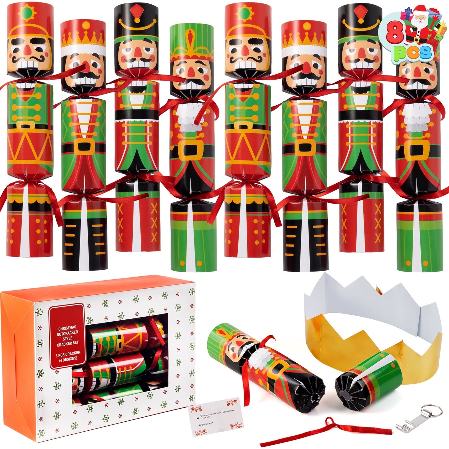 Joyfy 8 Pcs Christmas Crackers Party Favor Non-Snap Nutcracker Style Design Party Table Favors with Holiday Party Favor Supplies for Kids and Adults, Christmas Parties, Dinners and Holidays