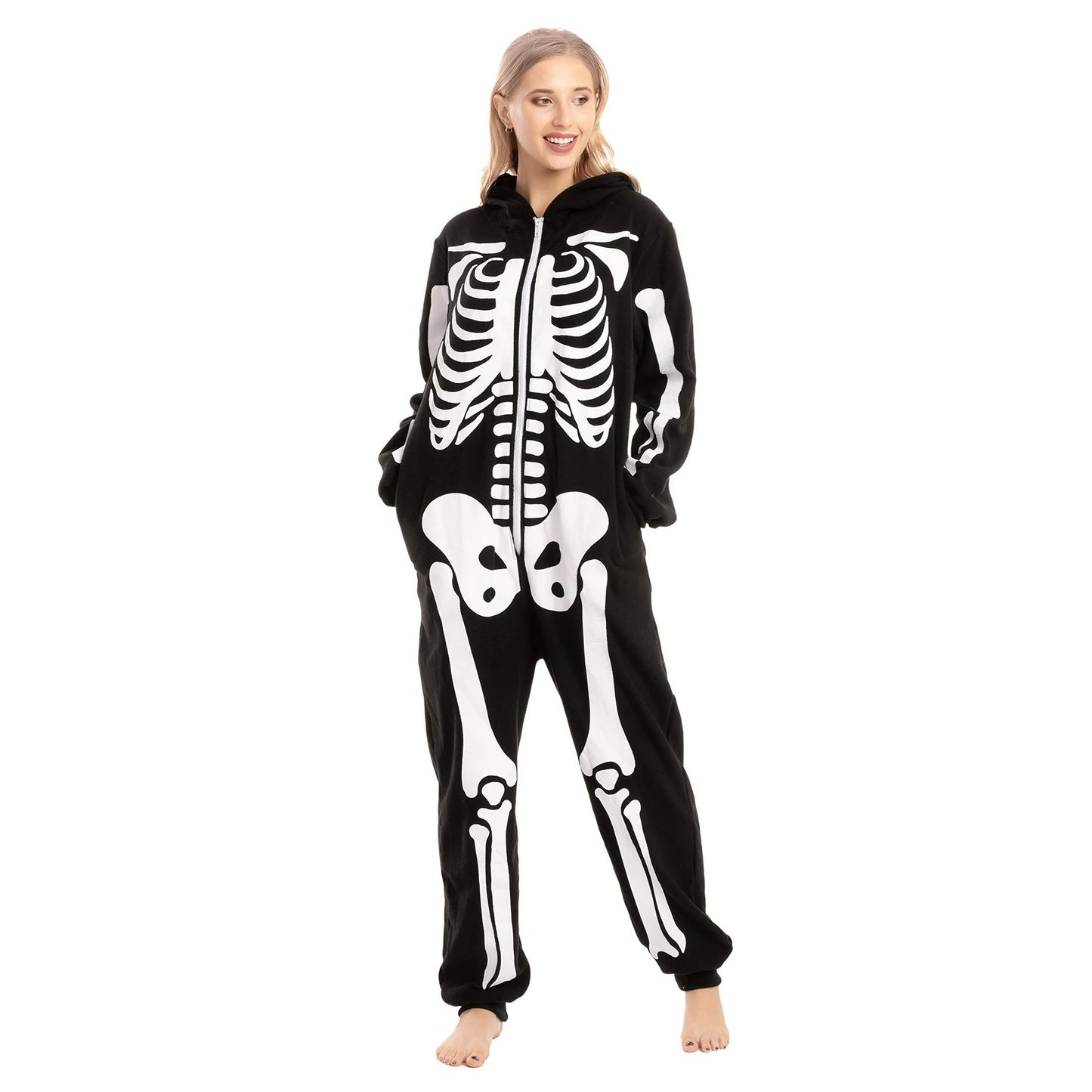 SYNCFUN Unisex Adult Skeleton Jumpsuit Pajama Zippered Halloween Hoody Sleepwear Costume(Large) Black
