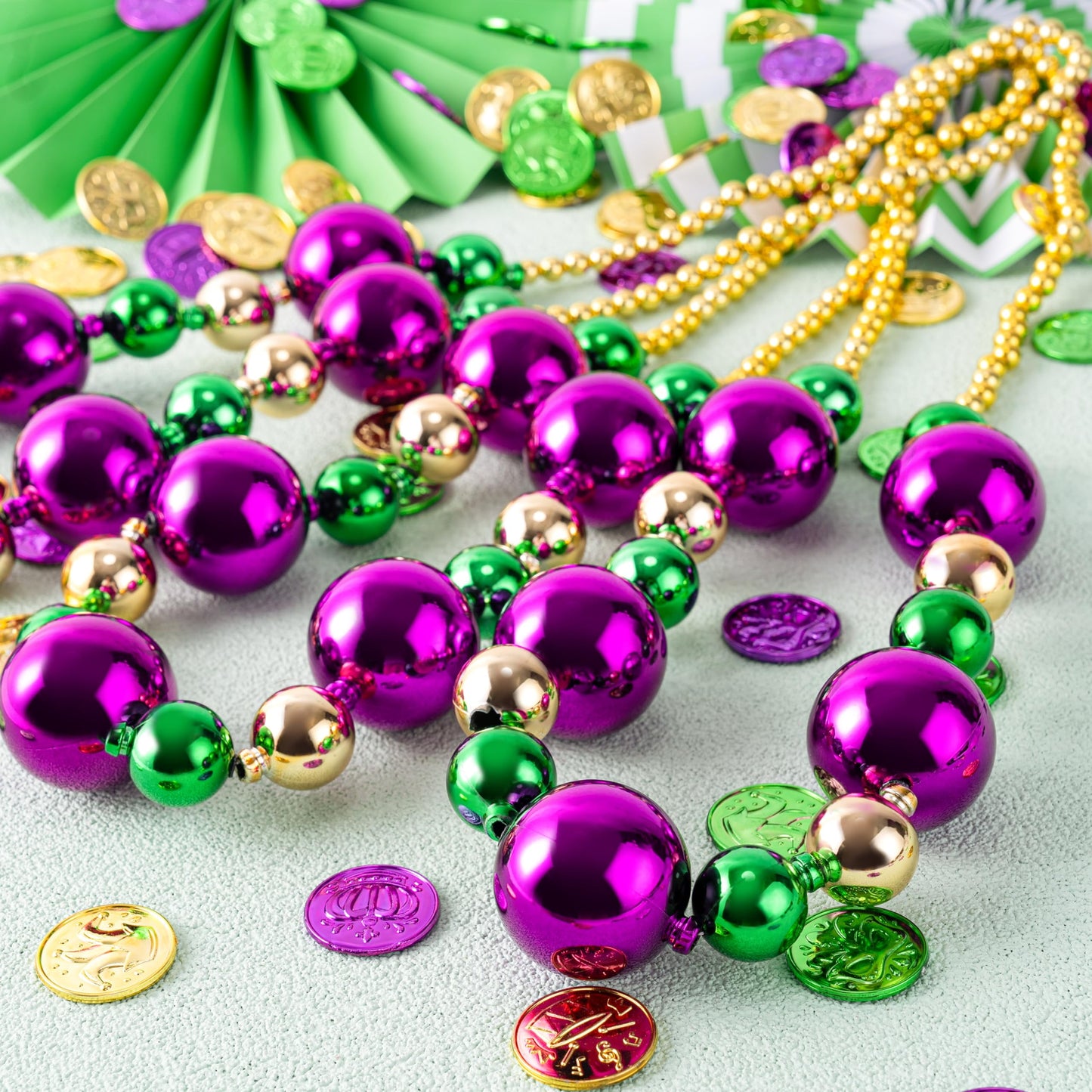 3 carnival giant bead necklaces, 44 inch gold green purple necklace, used for carnival parade decoration party supplies