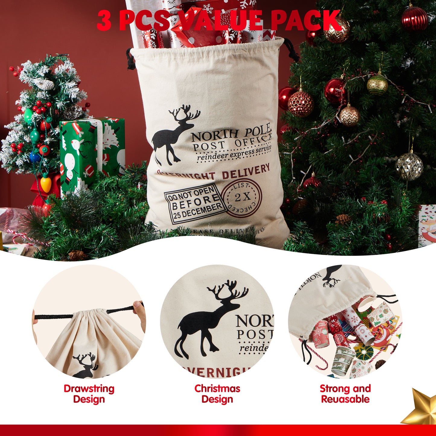 Joyfy 3 Pcs Santa Burlap Sack Christmas Gift Bags with Drawstring 26" x 19" for Large Xmas Package Storage, Event Party Supplies, Christmas Party Favors