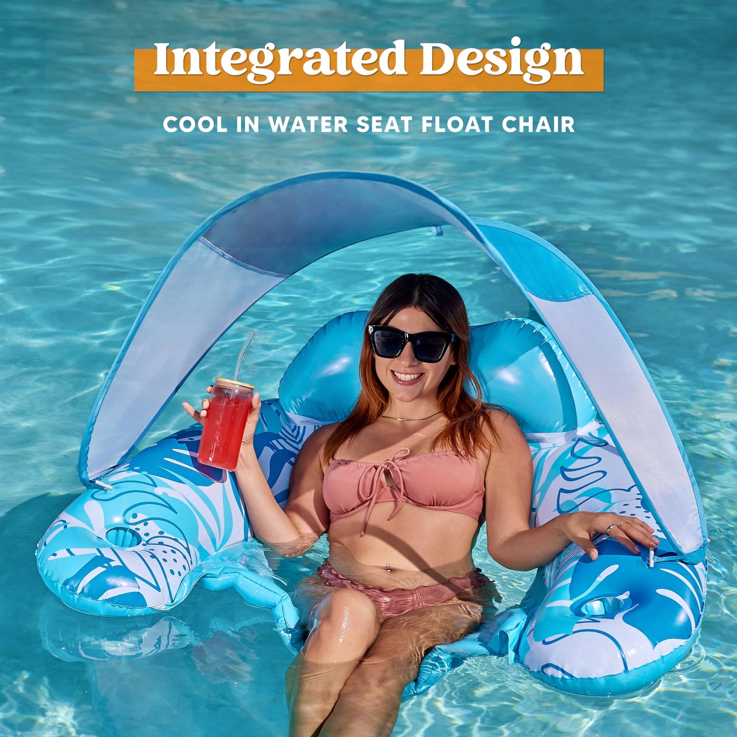 SYNCFUN Pool Float with Canopy, XL Pool Lounge Chairs with Cup Holders, Floating Pool Chair for Adults, Inflatable Pool Floatie with Headrest for Summer Pool Party