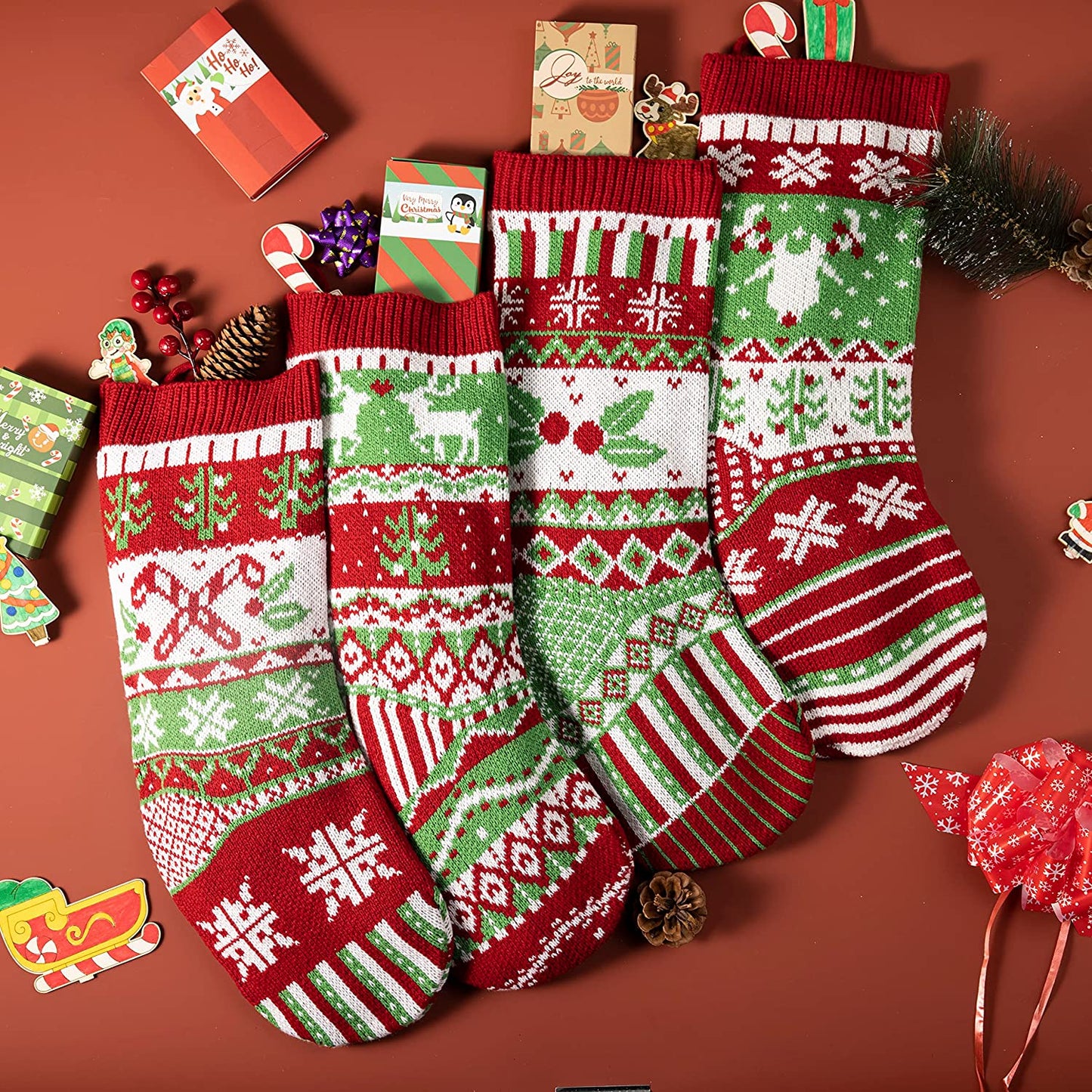 Joyfy 3 Pcs 18" Knit Christmas Stockings, Large Rustic Cable Knit Xmas Stocking in Red & Green for Family Holiday Season Decorations