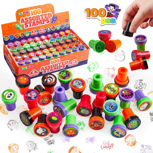 Joyfy 100 Pcs Halloween Assorted Stamps for Kids,Halloween Stampers Halloween Stuff Halloween Goodies Bags Prizes,Halloween Toys for Trick or Treaters Gift,Basket Stuffers