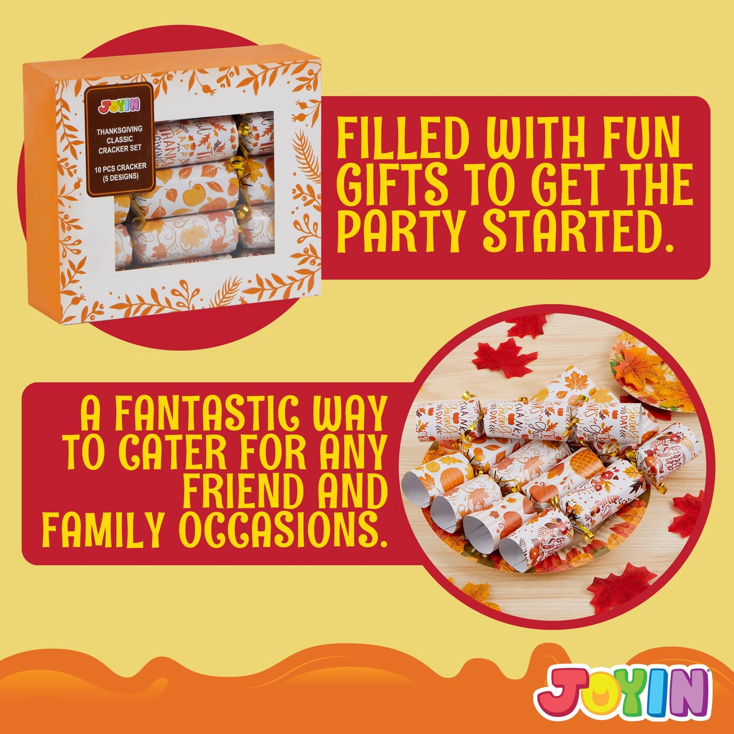 SYNCFUN 10 Pcs Thanksgiving Crackers Party Table Favor, No Snap Fall Leaves&Pumpkins Design, with Party Hat Joke & Little Gift for Xmas Holiday Dinner Traditions