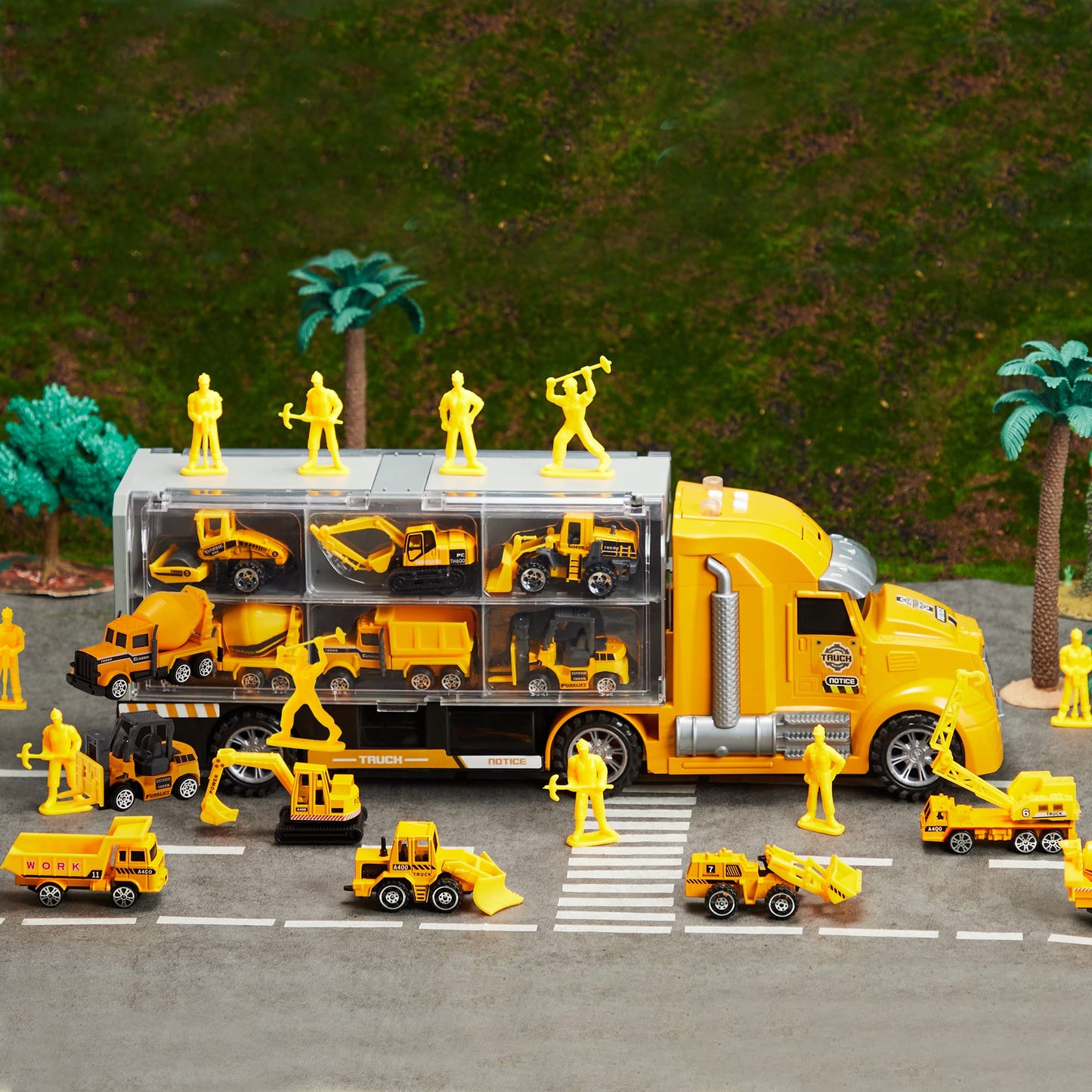 Syncfun 25 in 1 Die-cast Construction Play Vehicle Set, Vehicles with Sounds and Lights in Carrier Truck, Push and Go Car Toy, Kids Birthday Gifts for 3 4 5 6 Years Old Boys
