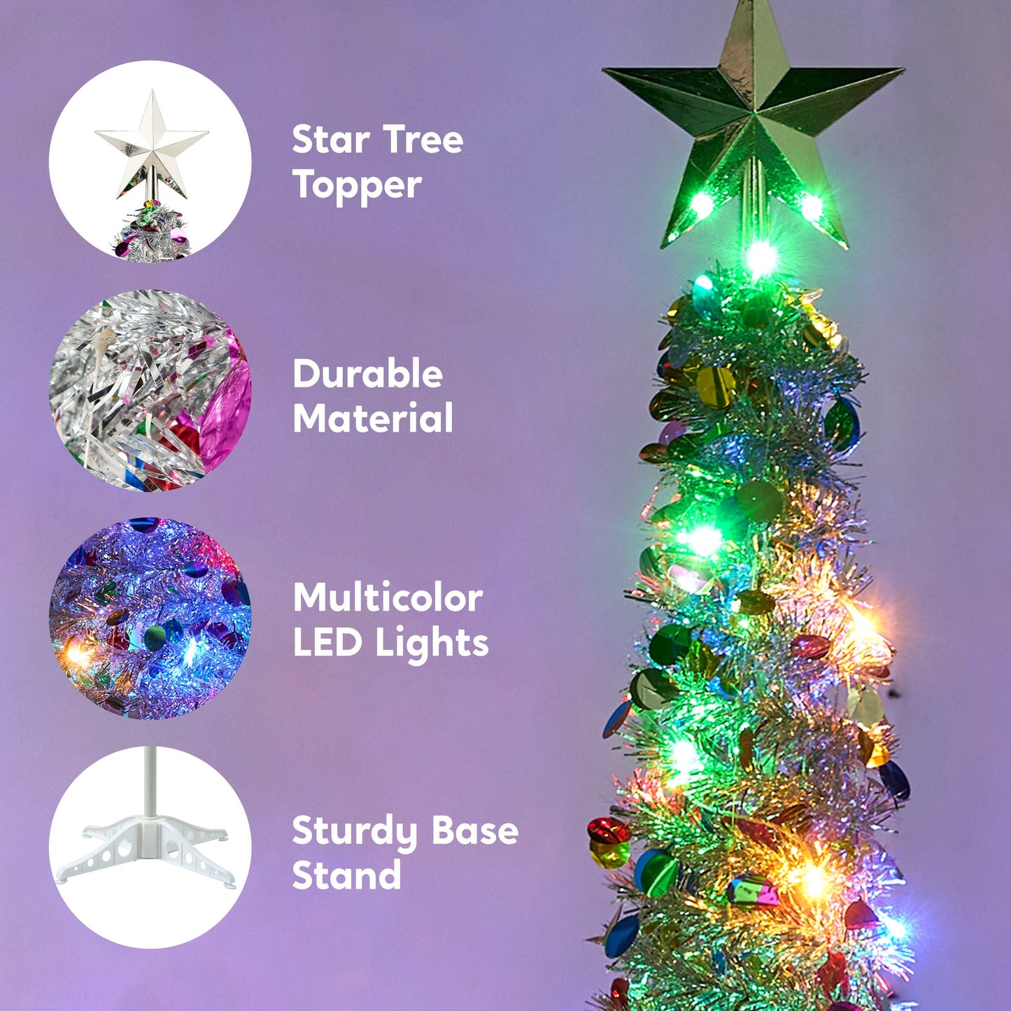 Joyfy 5ft Prelit Tinsel Collapsible Christmas Tree with 50 Multicolor LED lights(Green and White)