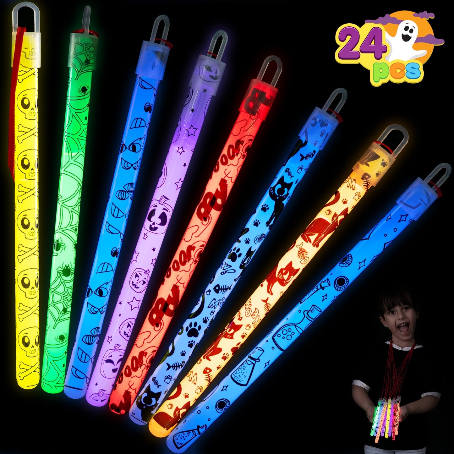 Joyfy 24Pcs Halloween Glow Sticks Bulk Party Pack,6 Color Glow in The Dark Party Favor for Kid, Halloween Light Up Stick,Goodie Bag Stuff Filler