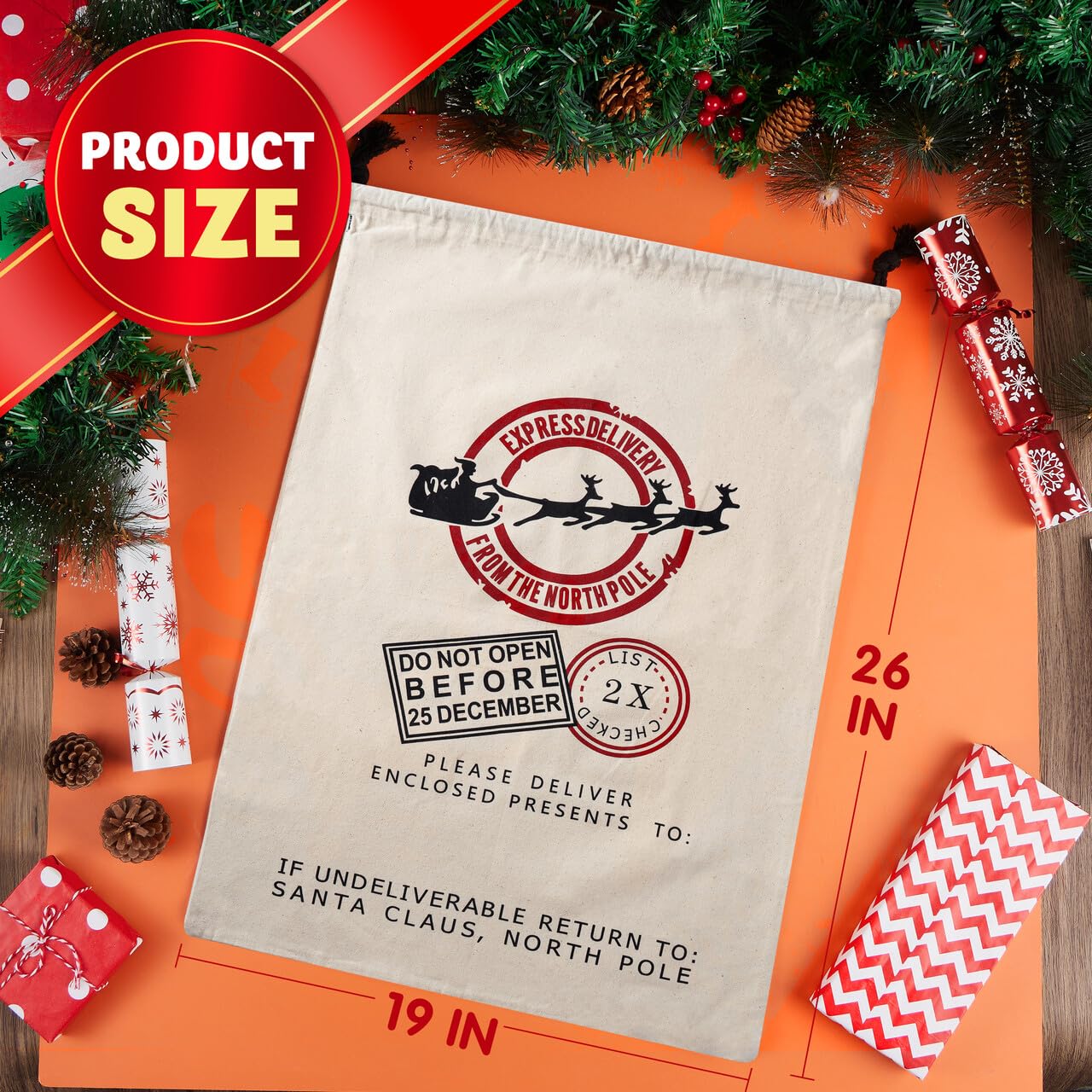 YNCFUN Christmas Drawstring Gift Bag Santa Burlap Sack 26" x 19" Cloth Pouch for Xmas Presents Package, Event Party Supplies, Christmas Party Favors