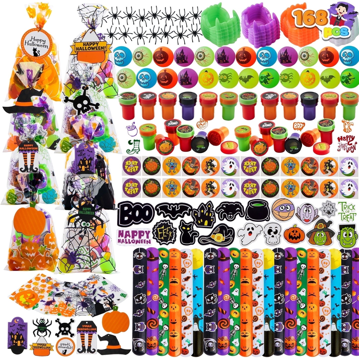 Joyfy 168 Pcs Halloween Stationery Party Favors,Halloween Gifts for Kids,Halloween Goodies Including Halloween Vampire Teeth,Spiders,Stamps,Stickers,Slap Bracelets