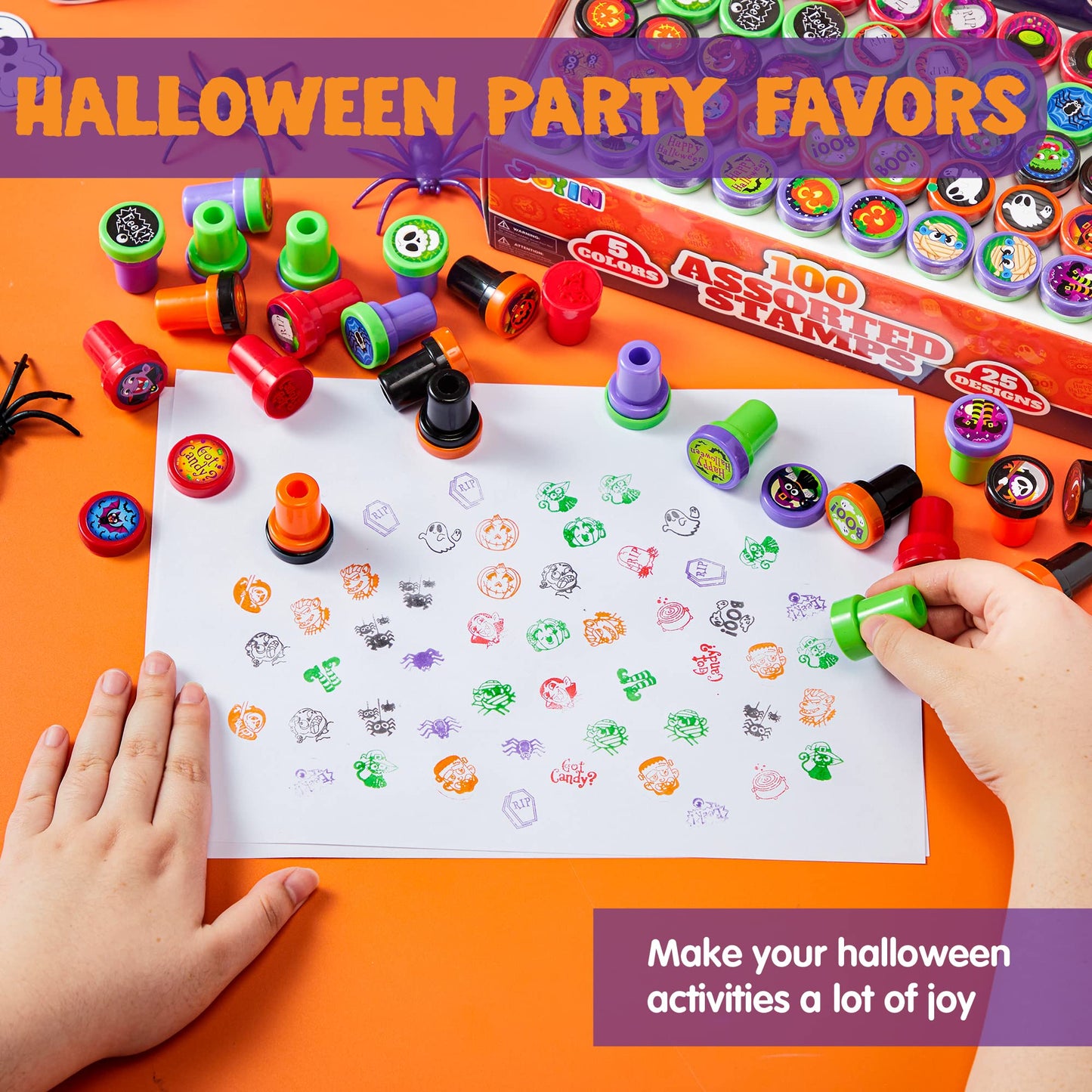 SYNCFUN 100 Pcs Halloween Assorted Stamps for Kids,Halloween Stampers Halloween Stuff Halloween Goodies Bags Prizes,Halloween Toys for Trick or Treaters Gift,Basket Stuffers