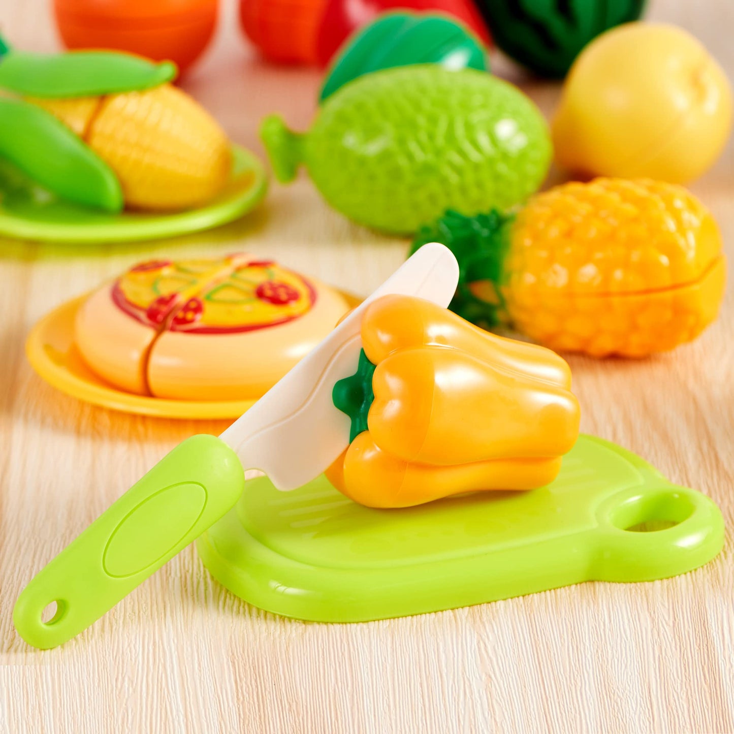 JOYIN 68 PCS Cutting Play Food Toy for Toddlers Kitchen, Fake Food for Kids Play Kitchen, Includes Plastic Fruit &Vegetables, Storage Basket, Mini Dishes and Knife, Pretend Play Toys, Toddler Gifts