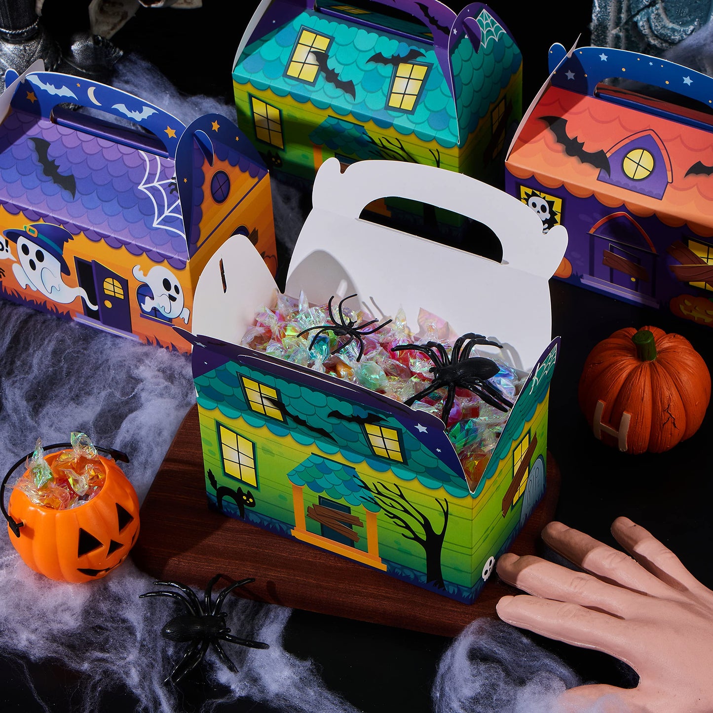 Joyfy 24 Pcs Halloween Treat Boxes,Cardboard Paper Halloween Candy Boxes with Carry Handles,Halloween Candy Boxes Party Favors,Cookies Goodie Bags