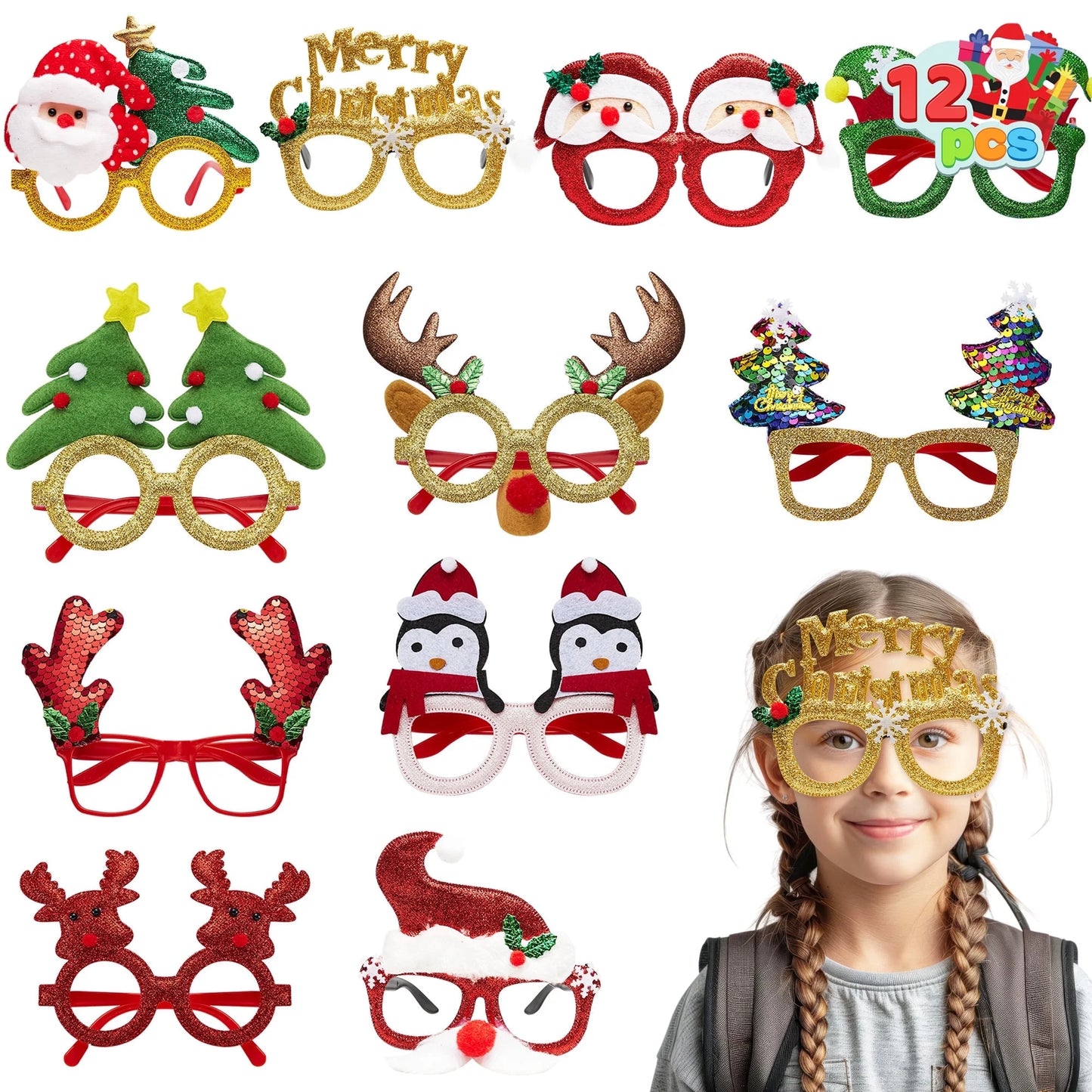 Joyfy 12 Pcs Christmas Eyeglasses Frames Glitter Party Glasses Frames Costume Accessories for Christmas Parties Holiday Favors Photo Booth