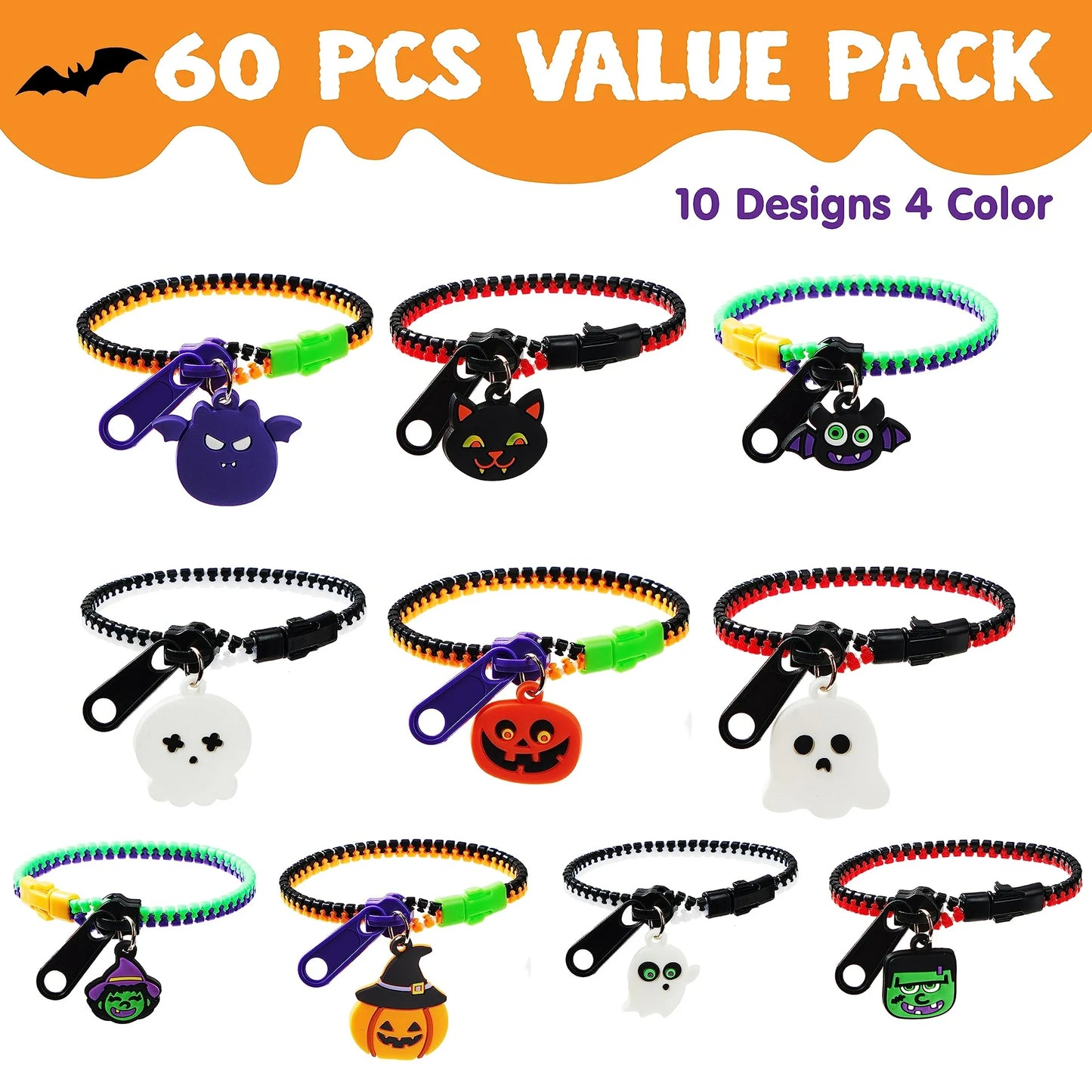 Joyfy 60 Pcs Halloween Zipper Bracelets Toys,Halloween Zipper Wristbands Toys Bulk for Party Favors,Halloween Goody Bag Fillers,Halloween Stretchy Toys for Classroom Prizes