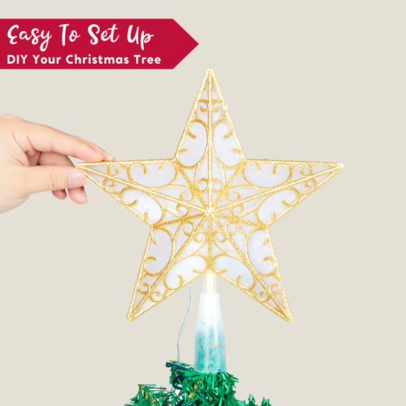Joyfy Christmas Tree Topper,with LED Gold Print Glitter Small Star Tree Topper with Lights,Light Up Tree Topper Christmas Decorations Xmas Tree Decorations
