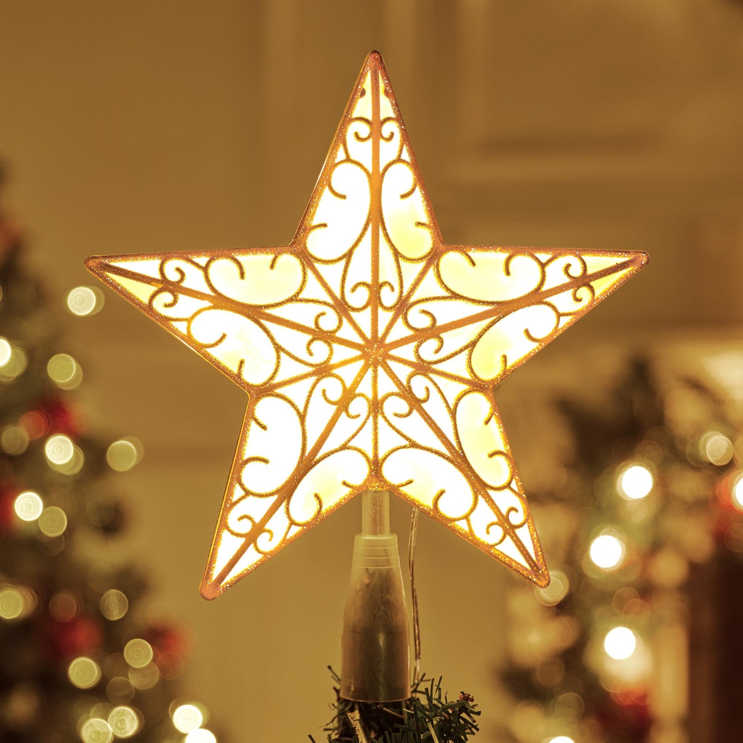 Joyfy Christmas Tree Topper,with LED Gold Print Glitter Small Star Tree Topper with Lights,Light Up Tree Topper Christmas Decorations Xmas Tree Decorations
