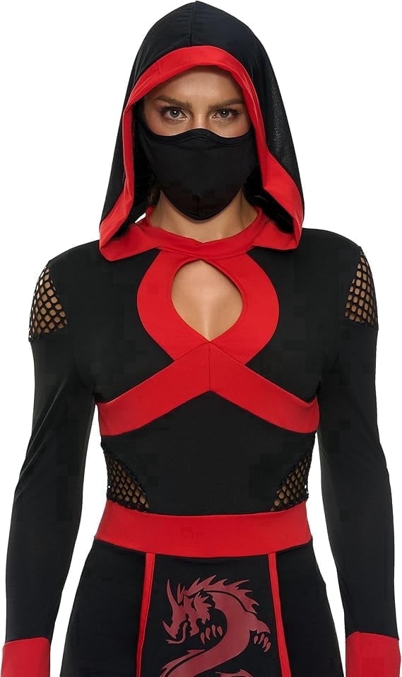 Joyfy Ninja Costume for Women, Adult Halloween Costume with Hooded Romper and Mask for Dress Up Party Cosplay